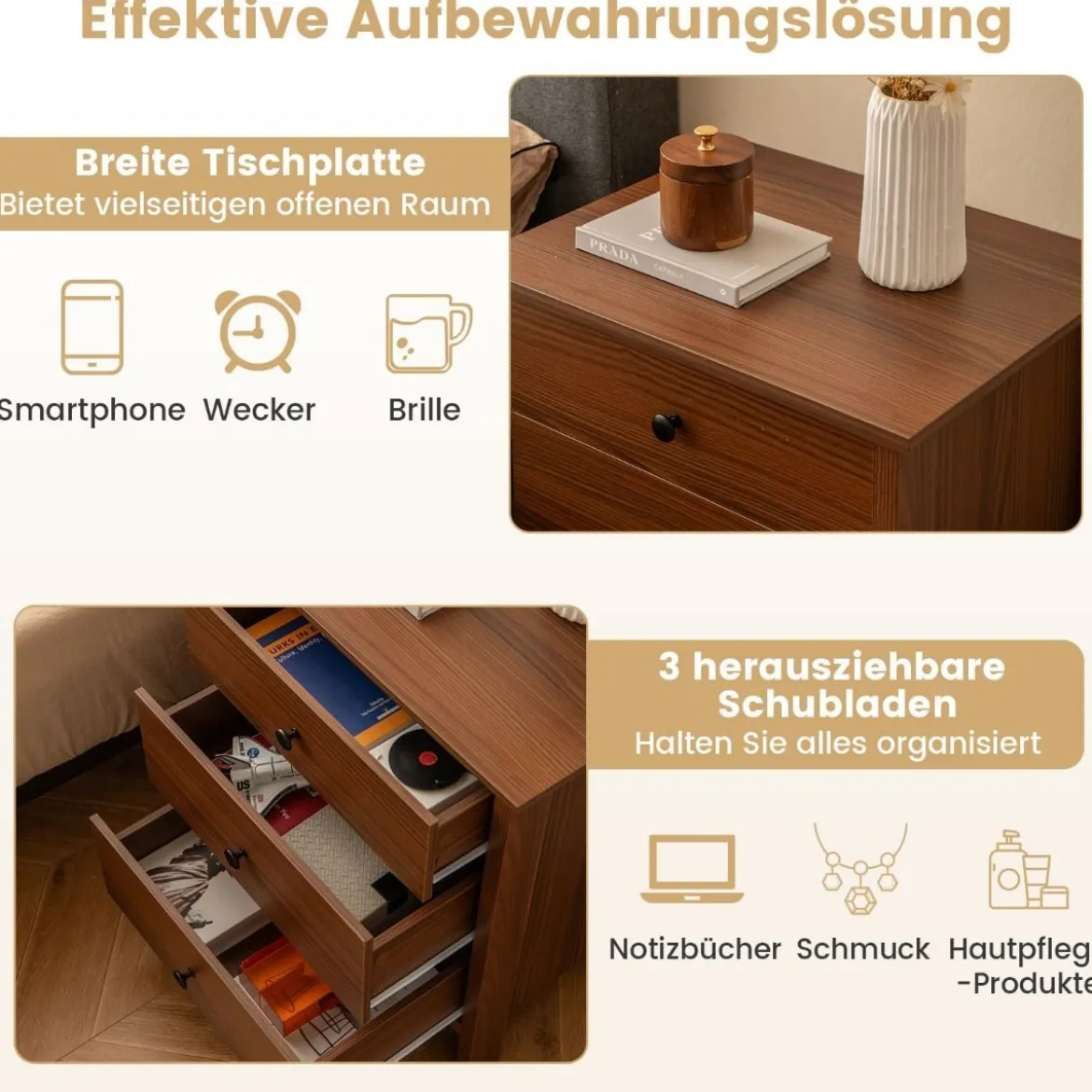 Nachttisch mit 3 Schubladen Nachtschrank für Boxspringbett 56 x 45 x 66 cm Walnuss