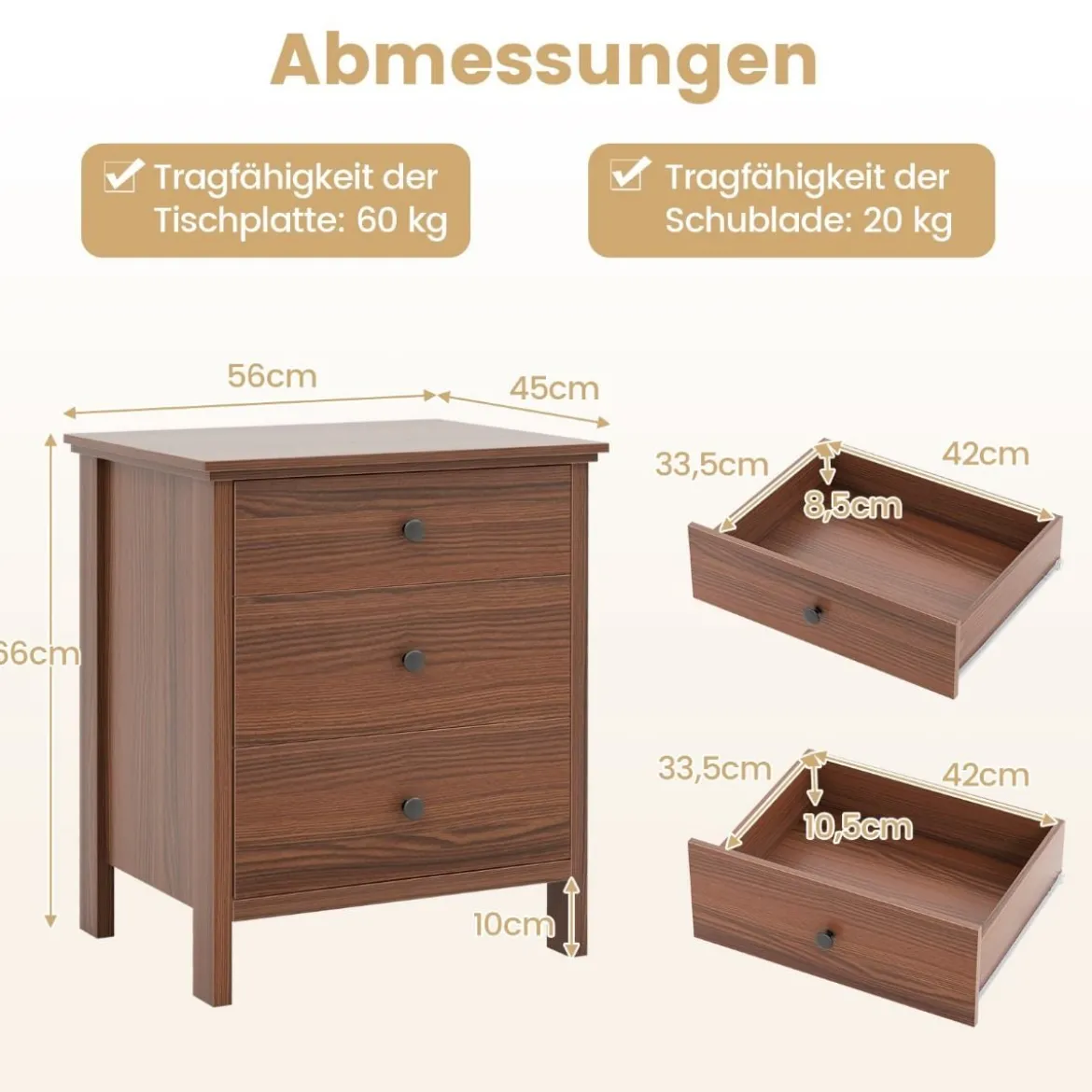 Nachttisch mit 3 Schubladen Nachtschrank für Boxspringbett 56 x 45 x 66 cm Walnuss