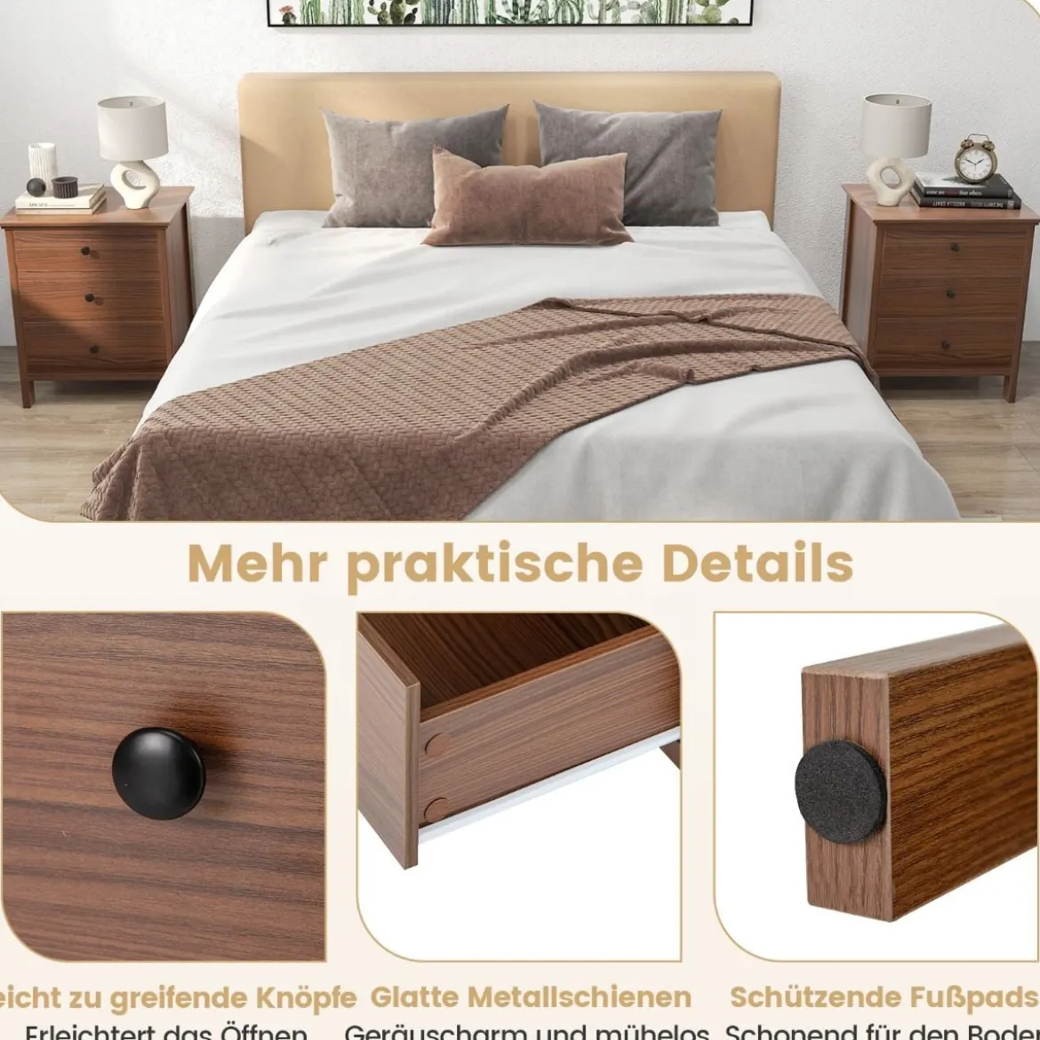 Nachttisch mit 3 Schubladen Nachtschrank für Boxspringbett 56 x 45 x 66 cm Walnuss