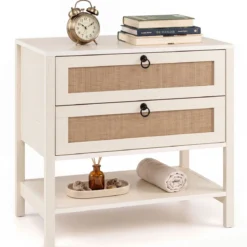 Nachttisch mit 2 Schubladen Offenem Regal & Rattan-Fronten 68 x 40 x 65 cm Weiß