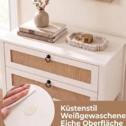 Nachttisch mit 2 Schubladen Offenem Regal & Rattan-Fronten 68 x 40 x 65 cm Weiß