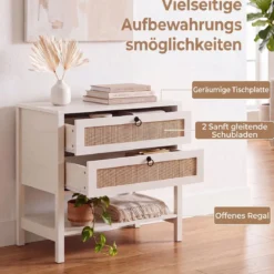 Nachttisch mit 2 Schubladen Offenem Regal & Rattan-Fronten 68 x 40 x 65 cm Weiß