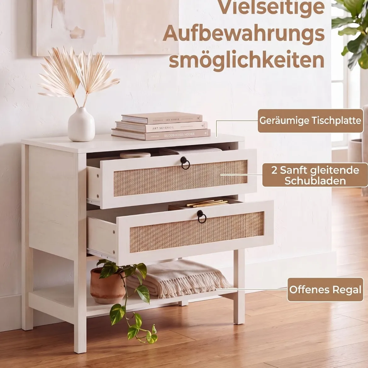 Nachttisch mit 2 Schubladen Offenem Regal & Rattan-Fronten 68 x 40 x 65 cm Weiß