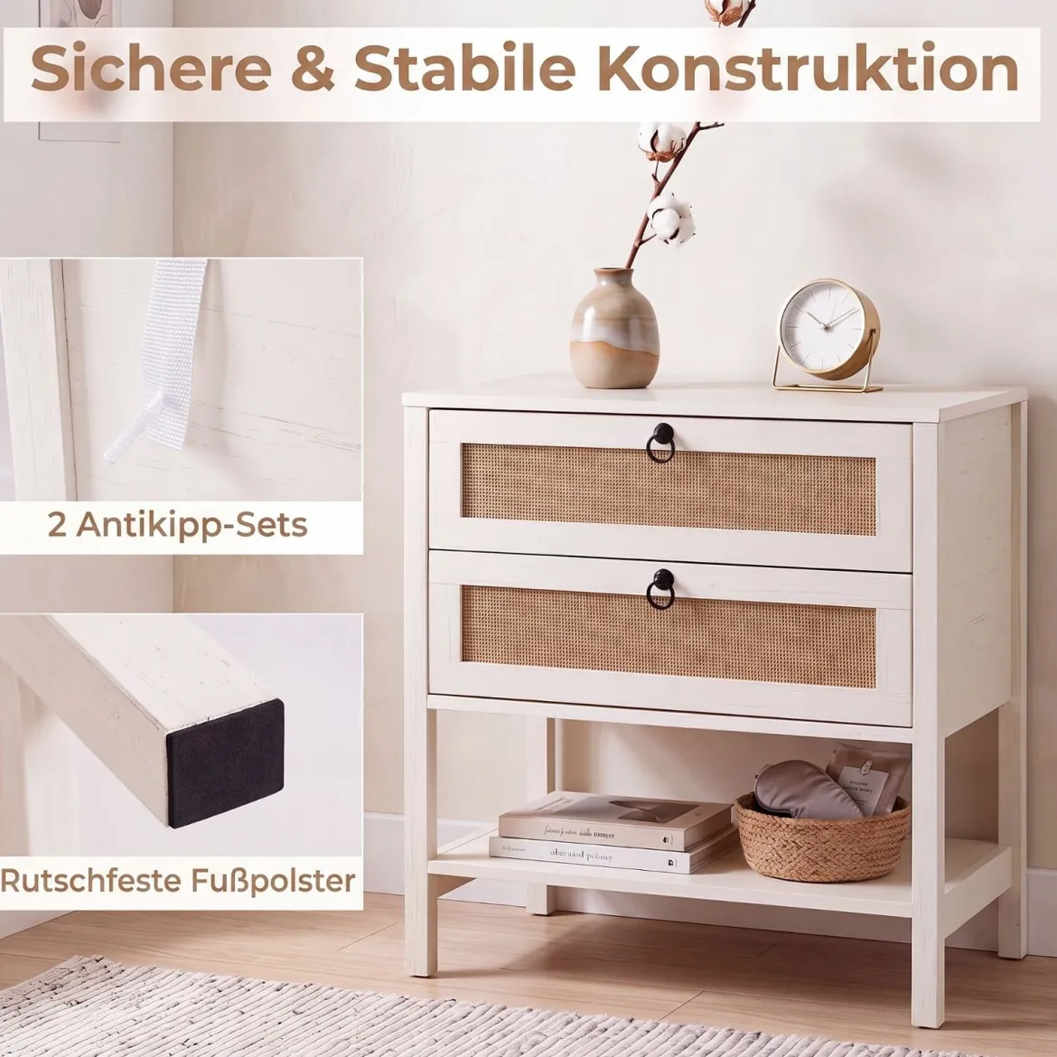 Nachttisch mit 2 Schubladen Offenem Regal & Rattan-Fronten 68 x 40 x 65 cm Weiß