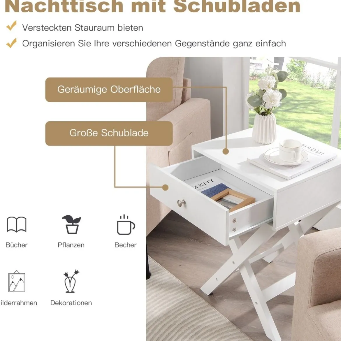 Nachttisch mit Schubladen und X-förmiger Basis Nachtkommode Nachtschrank Beistelltisch Weiß