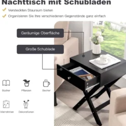 Nachttisch mit Schubladen und X-förmiger Basis Nachtkommode Nachtschrank Beistelltisch Schwarz