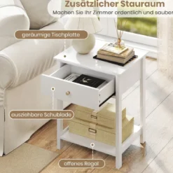 Nachttisch mit Schublade & Offenem Regal Beistelltisch Nachtschrank Nachtkonsole Weiß