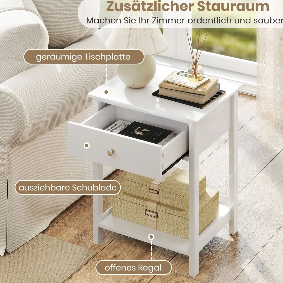 Nachttisch mit Schublade & Offenem Regal Beistelltisch Nachtschrank Nachtkonsole Weiß