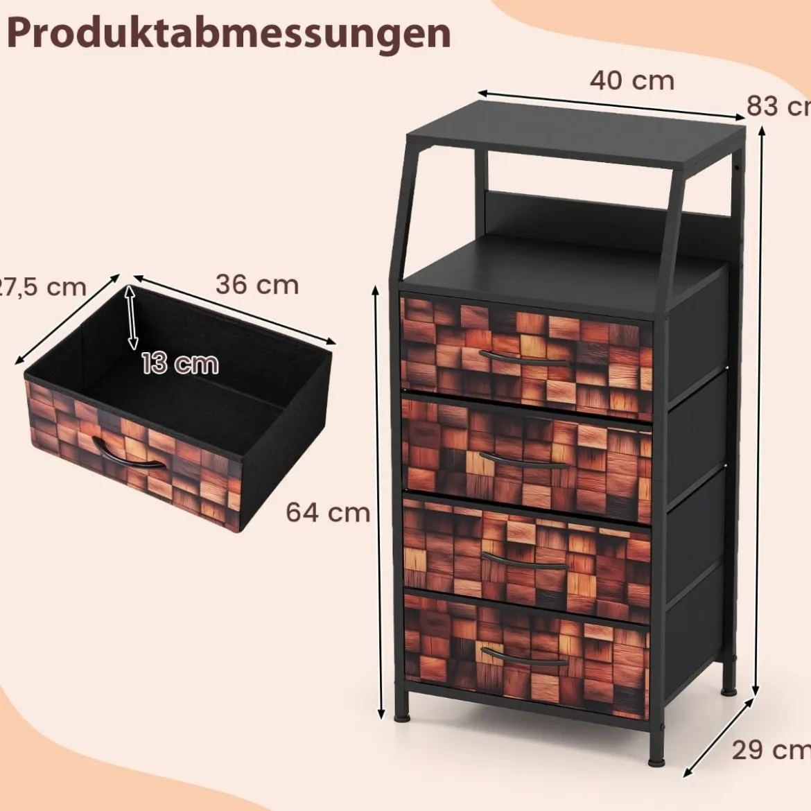 Nachttisch mit 4 Stoff-Schubladen & Offenes Fach Industriell Beistelltisch Nachtschrank Braun