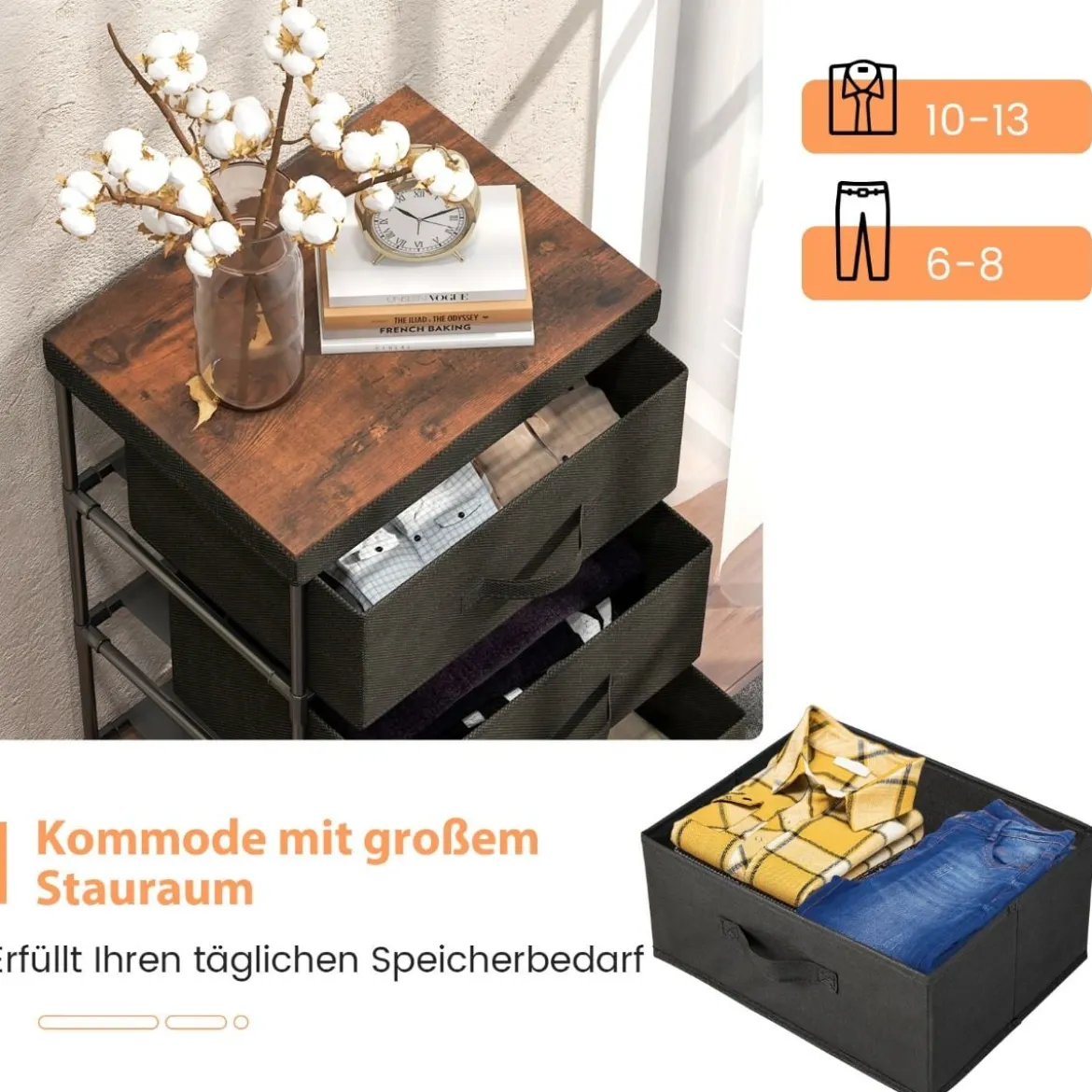 Nachttisch mit Stoffschubladen Beistelltisch mit Metallrahmen Stoffkommode Kleiderkommode