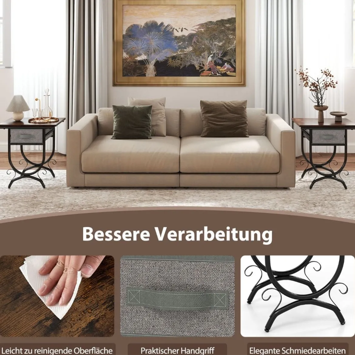 Nachttisch mit Stoffschublade Beistelltisch mit Metallrahmen Sofatisch Nachtkommode 48 x 35 x 53 cm