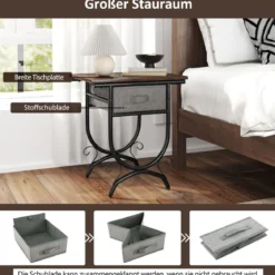 Nachttisch mit Stoffschublade Beistelltisch mit Metallrahmen Sofatisch Nachtkommode 48 x 35 x 53 cm