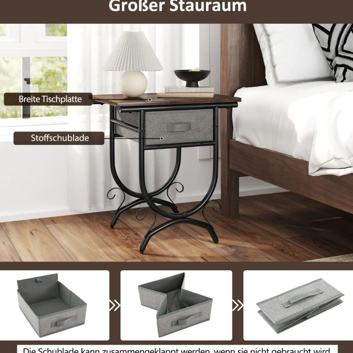Nachttisch mit Stoffschublade Beistelltisch mit Metallrahmen Sofatisch Nachtkommode 48 x 35 x 53 cm
