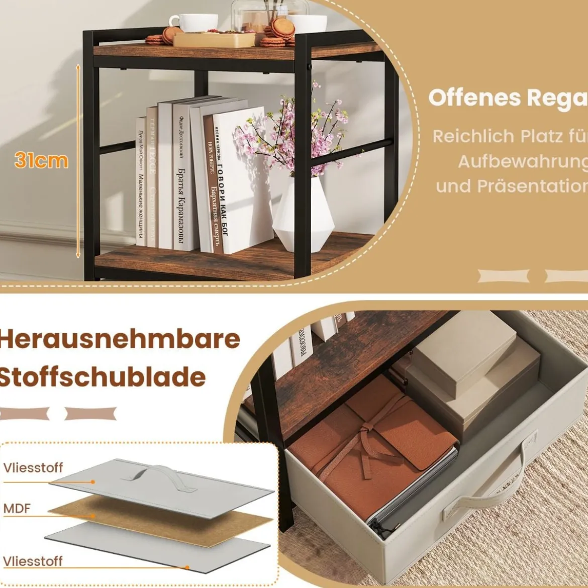 Nachttisch mit Stoffschublade & Offenem Ablagefach Beistelltisch Nachtschrank