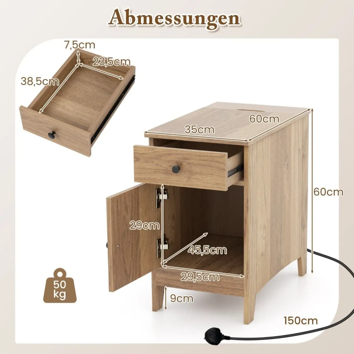 Nachttisch mit USB-Anschlüssen & Steckdosen & Zeitschriftenständer Beistelltisch Ablagetisch