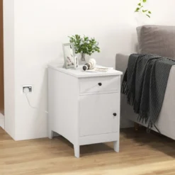 Nachttisch mit USB-Anschlüssen & Steckdosen & Zeitschriftenständer Beistelltisch Ablagetisch