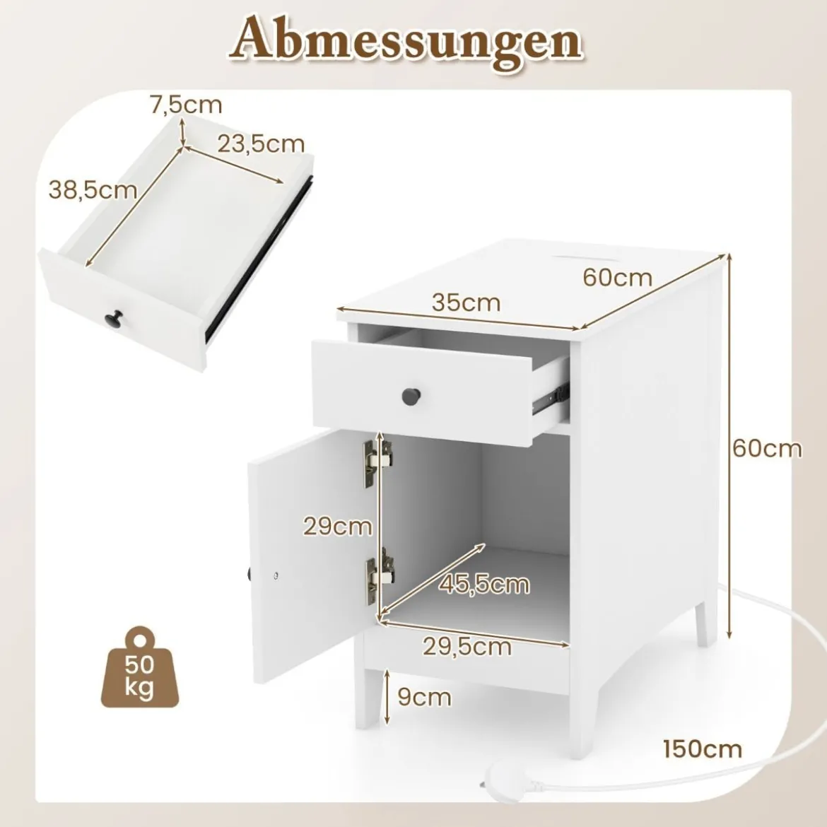 Nachttisch mit USB-Anschlüssen & Steckdosen & Zeitschriftenständer Beistelltisch Ablagetisch