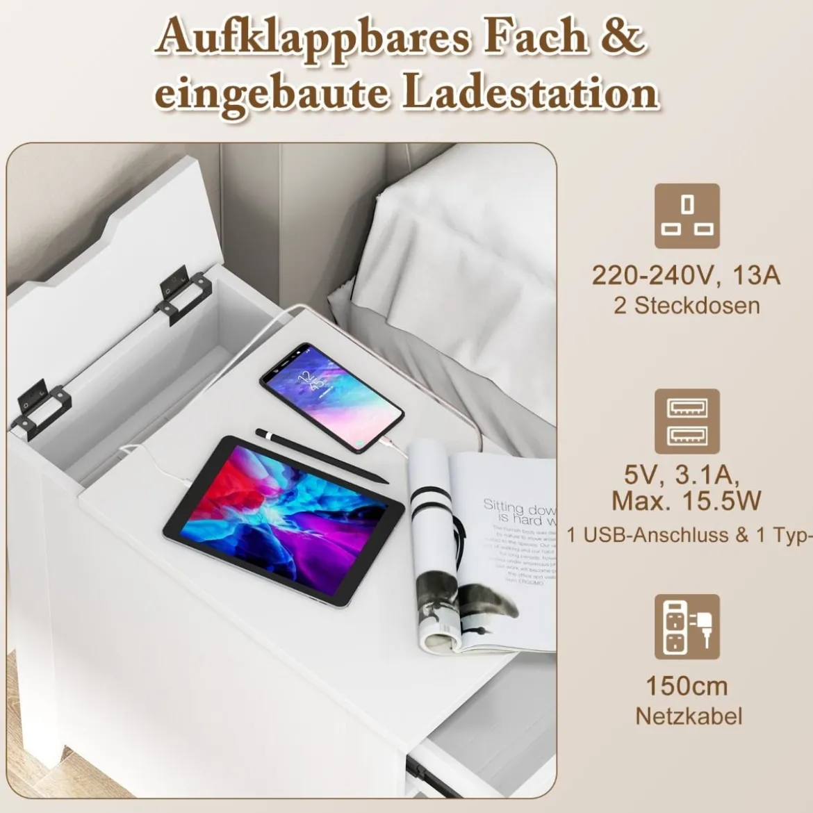 Nachttisch mit USB-Anschlüssen & Steckdosen & Zeitschriftenständer Beistelltisch Ablagetisch