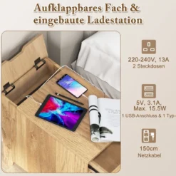 Nachttisch mit USB-Anschlüssen & Steckdosen & Zeitschriftenständer Beistelltisch Ablagetisch