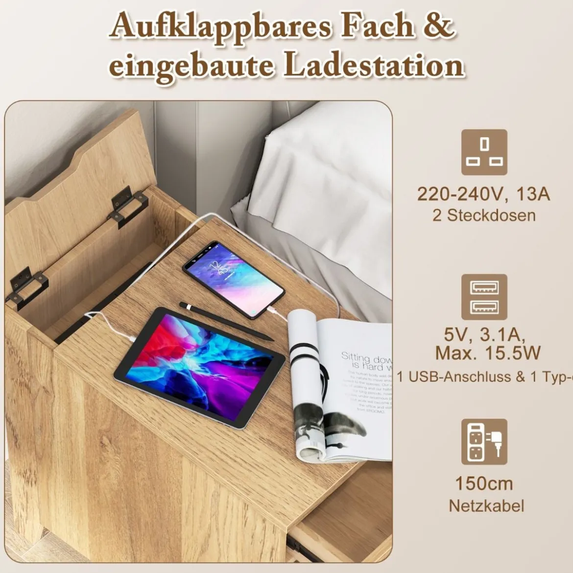 Nachttisch mit USB-Anschlüssen & Steckdosen & Zeitschriftenständer Beistelltisch Ablagetisch