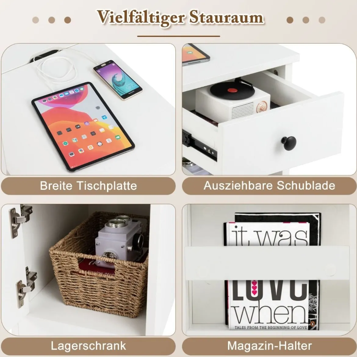 Nachttisch mit USB-Anschlüssen & Steckdosen & Zeitschriftenständer Beistelltisch Ablagetisch