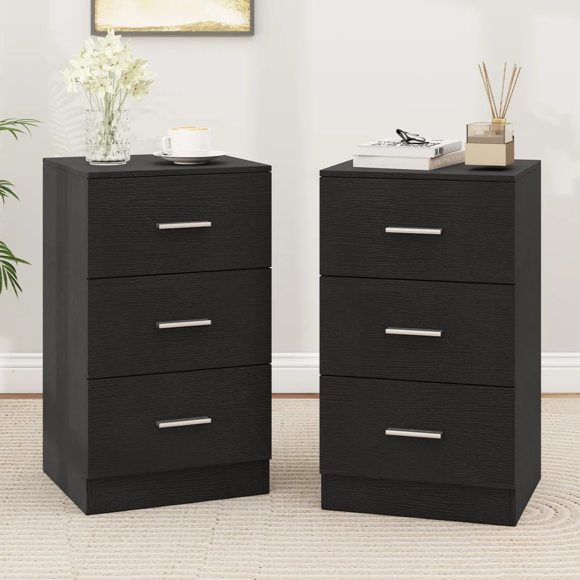 Nachttisch Nachtschrank Schubladenkommode mit 3 Schubkästen Spanplatte 38 x 67 x 35 cm Weiß/Schwarz/Natur