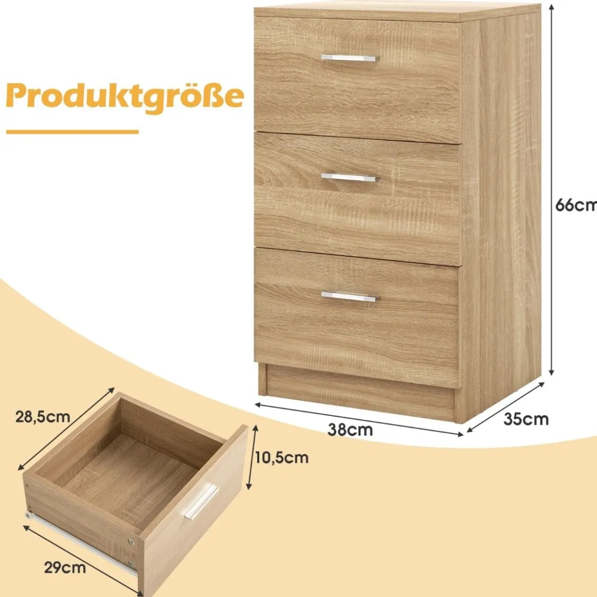 Nachttisch Nachtschrank Schubladenkommode mit 3 Schubkästen Spanplatte 38 x 67 x 35 cm Weiß/Schwarz/Natur