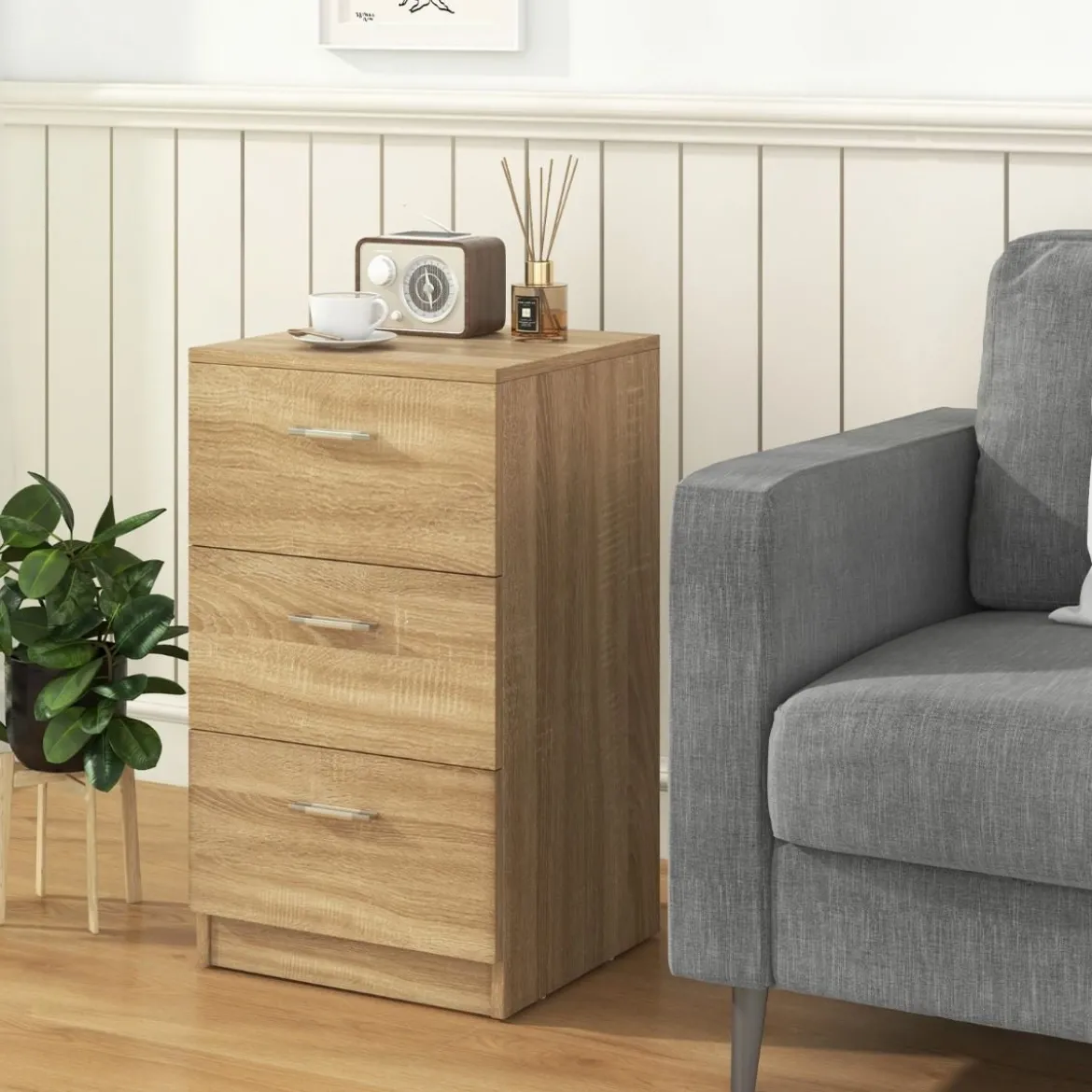 Nachttisch Nachtschrank Schubladenkommode mit 3 Schubkästen Spanplatte 38 x 67 x 35 cm Weiß/Schwarz/Natur