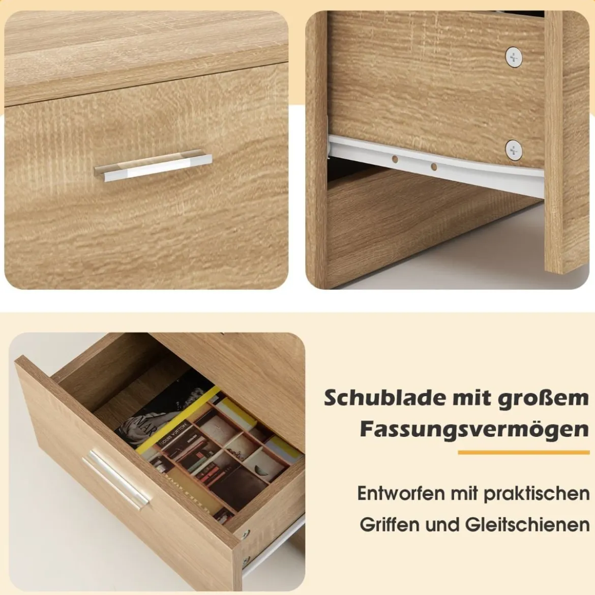 Nachttisch Nachtschrank Schubladenkommode mit 3 Schubkästen Spanplatte 38 x 67 x 35 cm Weiß/Schwarz/Natur