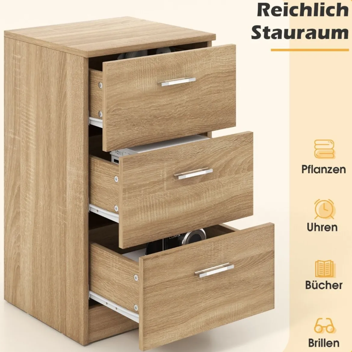 Nachttisch Nachtschrank Schubladenkommode mit 3 Schubkästen Spanplatte 38 x 67 x 35 cm Weiß/Schwarz/Natur