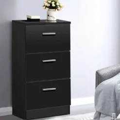 Nachttisch Nachtschrank Schubladenkommode mit 3 Schubkästen Spanplatte 38 x 67 x 35 cm Weiß/Schwarz/Natur
