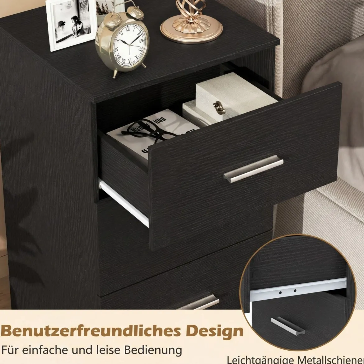 Nachttisch Nachtschrank Schubladenkommode mit 3 Schubkästen Spanplatte 38 x 67 x 35 cm Weiß/Schwarz/Natur