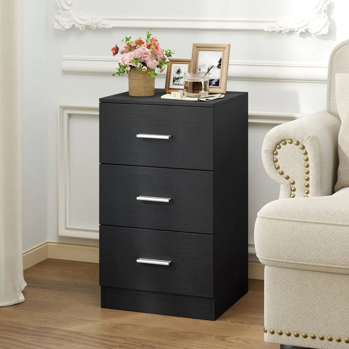 Nachttisch Nachtschrank Schubladenkommode mit 3 Schubkästen Spanplatte 38 x 67 x 35 cm Weiß/Schwarz/Natur