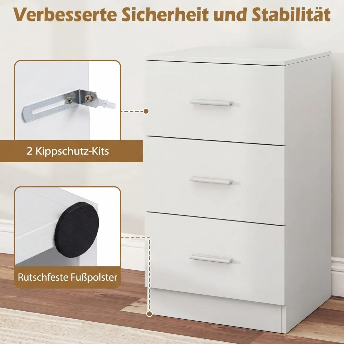 Nachttisch Nachtschrank Schubladenkommode mit 3 Schubkästen Spanplatte 38 x 67 x 35 cm Weiß/Schwarz/Natur