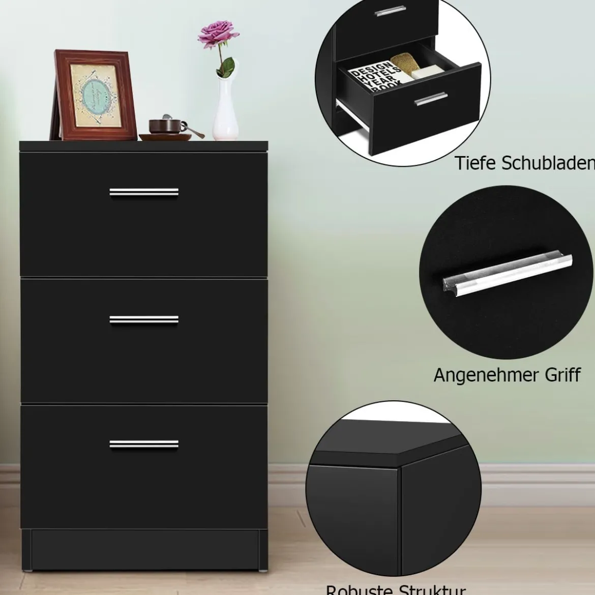 Nachttisch Nachtschrank Schubladenkommode mit 3 Schubkästen Spanplatte 38 x 67 x 35 cm Weiß/Schwarz/Natur