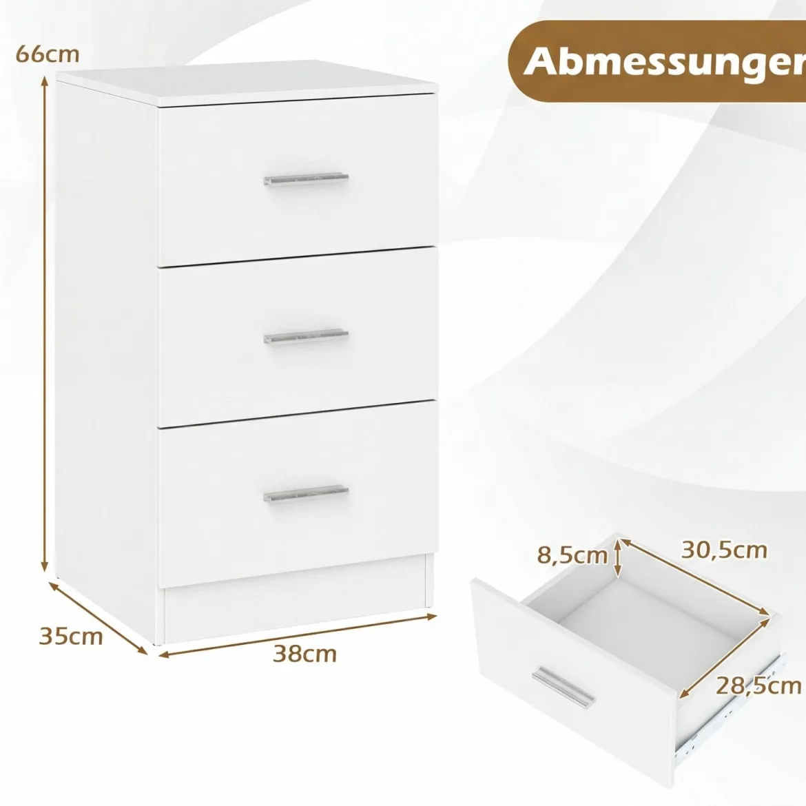 Nachttisch Nachtschrank Schubladenkommode mit 3 Schubkästen Spanplatte 38 x 67 x 35 cm Weiß/Schwarz/Natur