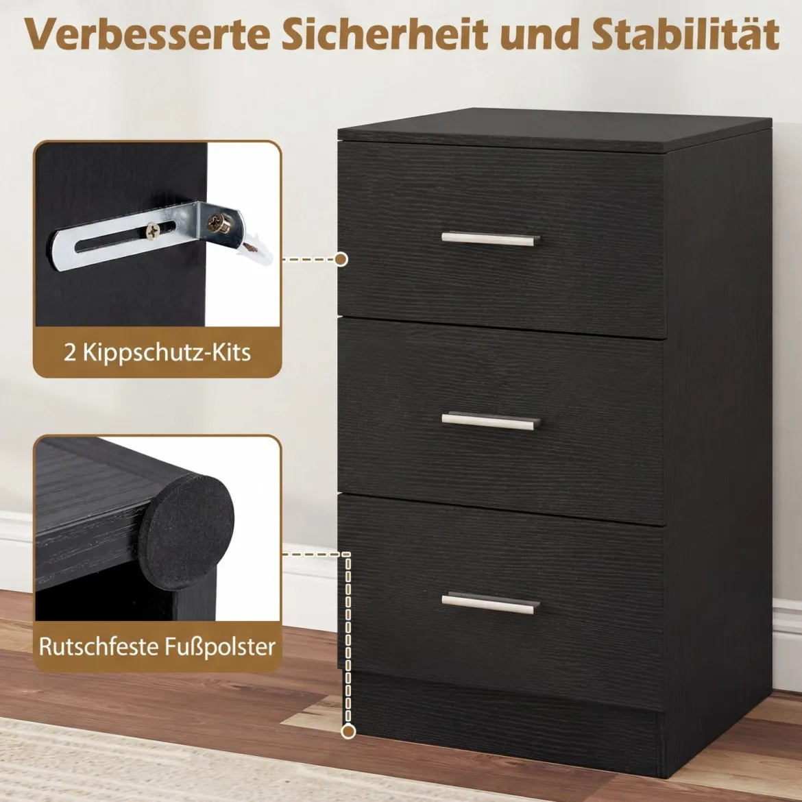 Nachttisch Nachtschrank Schubladenkommode mit 3 Schubkästen Spanplatte 38 x 67 x 35 cm Weiß/Schwarz/Natur