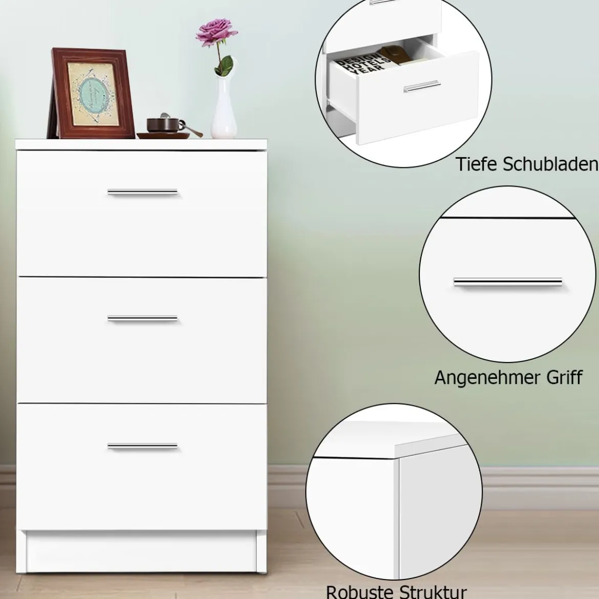 Nachttisch Nachtschrank Schubladenkommode mit 3 Schubkästen Spanplatte 38 x 67 x 35 cm Weiß/Schwarz/Natur