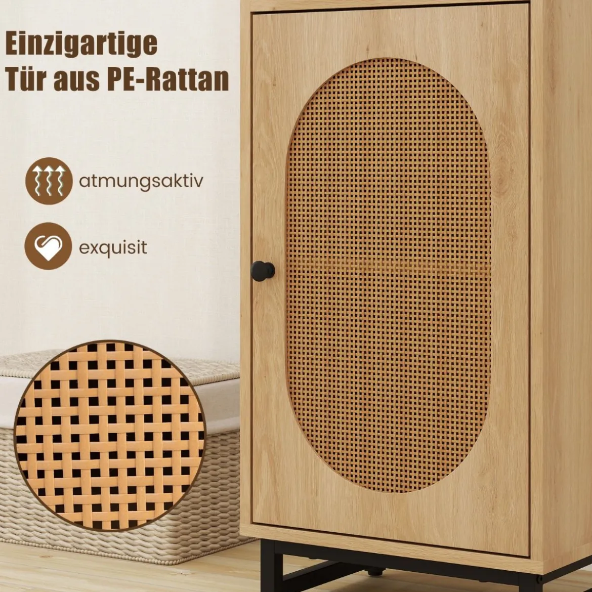 Nachttisch Rattan mit Tür & Schublade Boho Beistelltisch mit verstellbaren Regal 40 x 30 x 91cm Natur