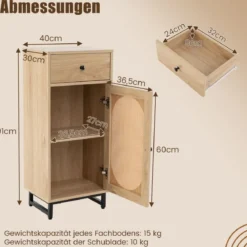 Nachttisch Rattan mit Tür & Schublade Boho Beistelltisch mit verstellbaren Regal 40 x 30 x 91cm Natur