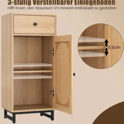 Nachttisch Rattan mit Tür & Schublade Boho Beistelltisch mit verstellbaren Regal 40 x 30 x 91cm Natur