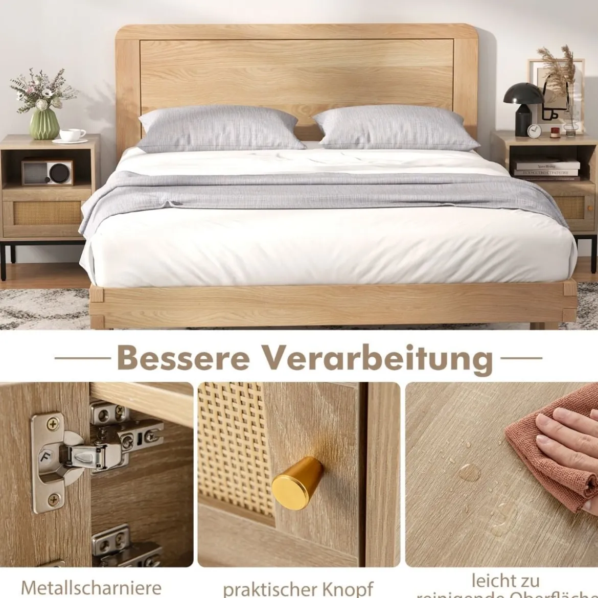 Nachttisch Rattan Nachtschrank mit offenem Regal und Schrank 40 x 40 x 57 cm Natur