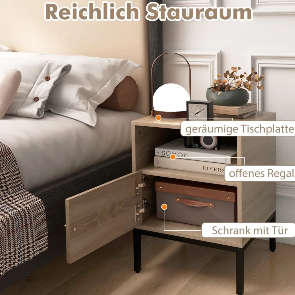 Nachttisch Rattan Nachtschrank mit offenem Regal und Schrank 40 x 40 x 57 cm Natur