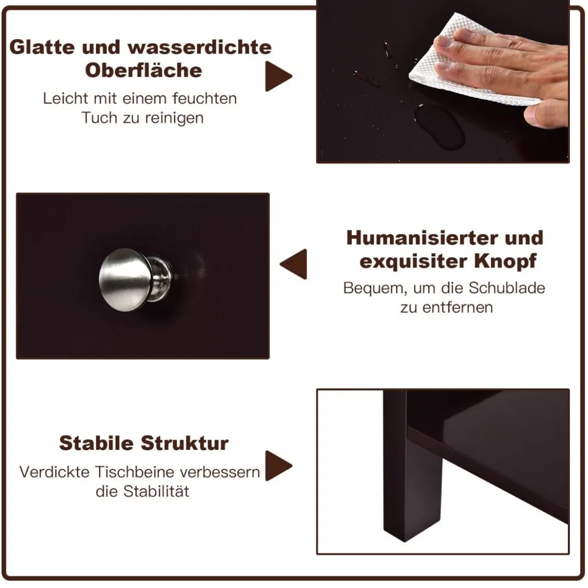 Nachttisch 2-Stufige Nachtkommode Moderner Nachtschrank mit Schublade Braun