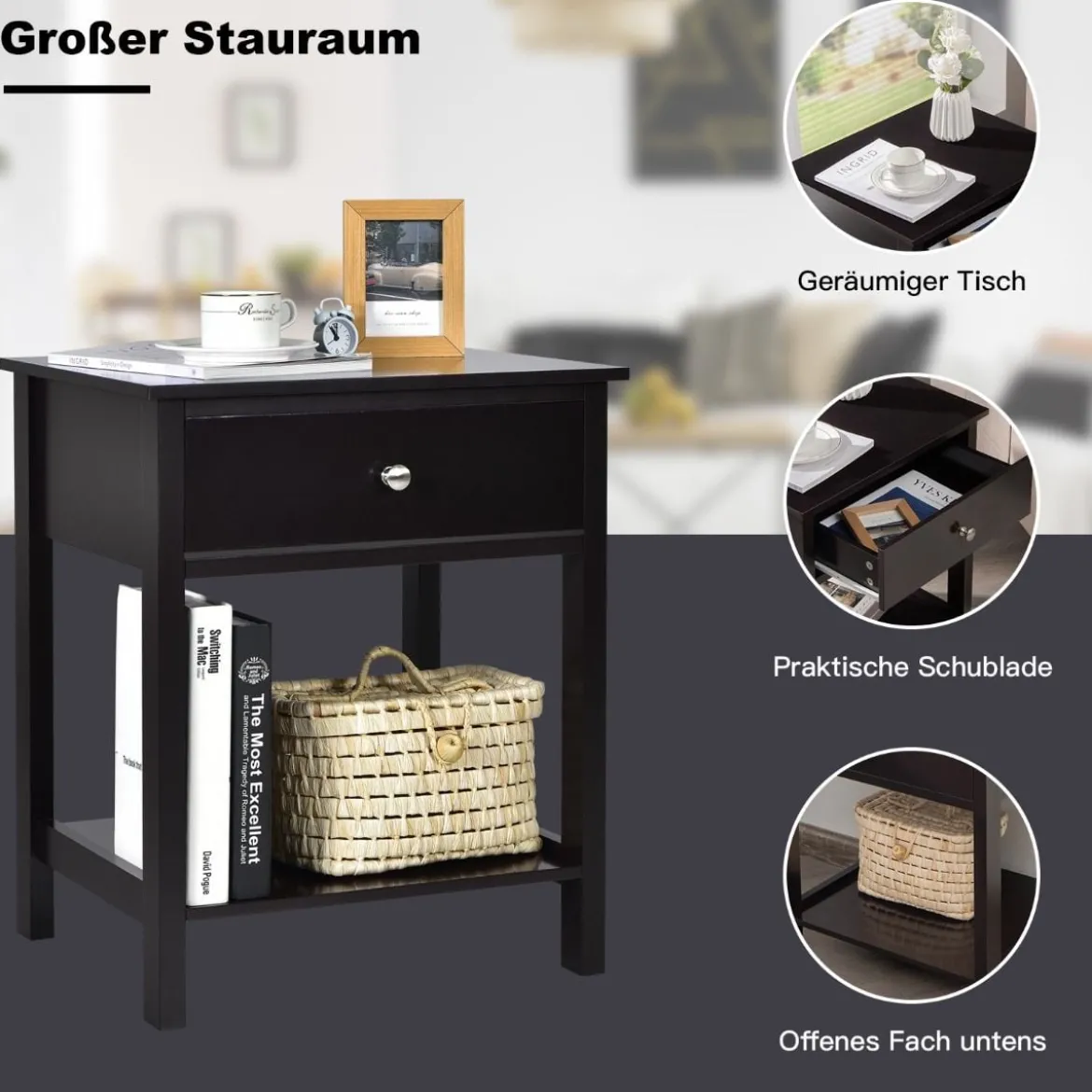 Nachttisch 2-Stufige Nachtkommode Moderner Nachtschrank mit Schublade Schwarz