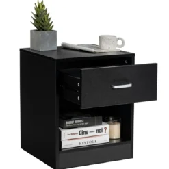 Nachttisch 45 x 42,5 x 55 cm Beistelltisch mit Schublade und offenem Fach Sofatisch modern Schwarz