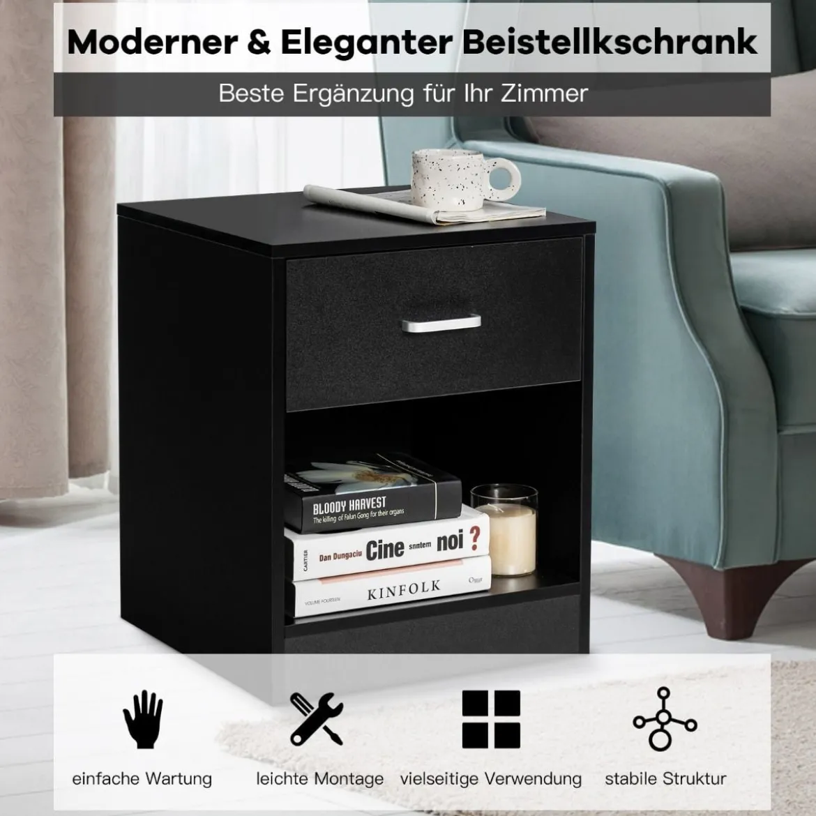 Nachttisch 45 x 42,5 x 55 cm Beistelltisch mit Schublade und offenem Fach Sofatisch modern Schwarz