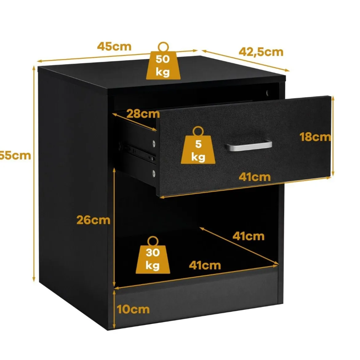 Nachttisch 45 x 42,5 x 55 cm Beistelltisch mit Schublade und offenem Fach Sofatisch modern Schwarz