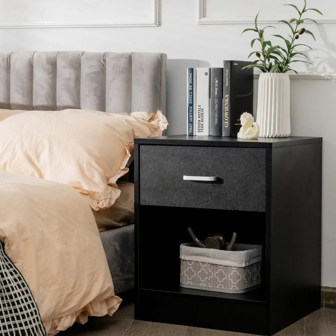 Nachttisch 45 x 42,5 x 55 cm Beistelltisch mit Schublade und offenem Fach Sofatisch modern Schwarz