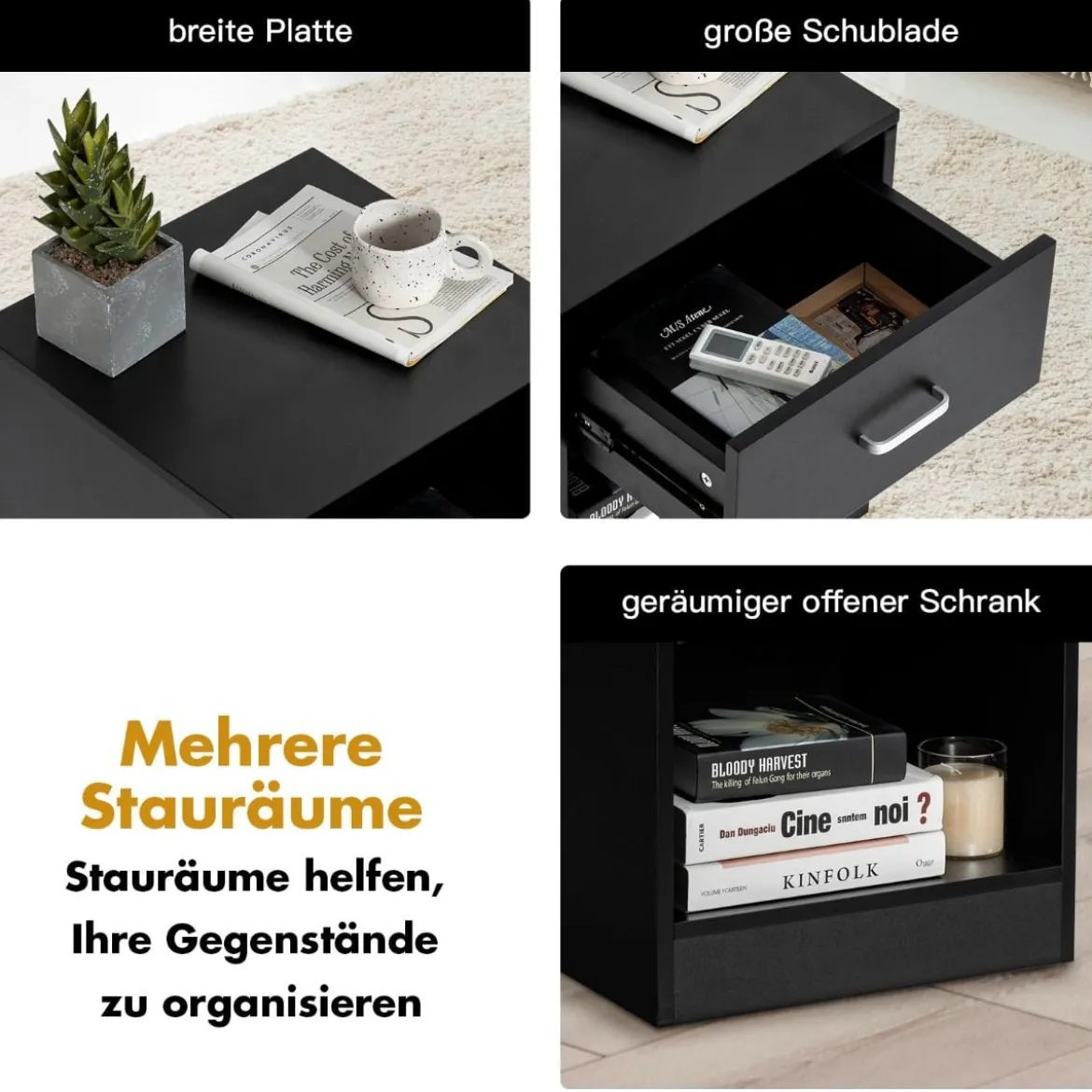 Nachttisch 45 x 42,5 x 55 cm Beistelltisch mit Schublade und offenem Fach Sofatisch modern Schwarz